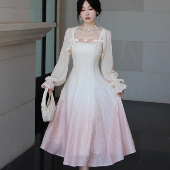 Sweet Pink Gradient Embossed Midi Slip Dress | Women Spring Summer Dress - Picture 1 of 9